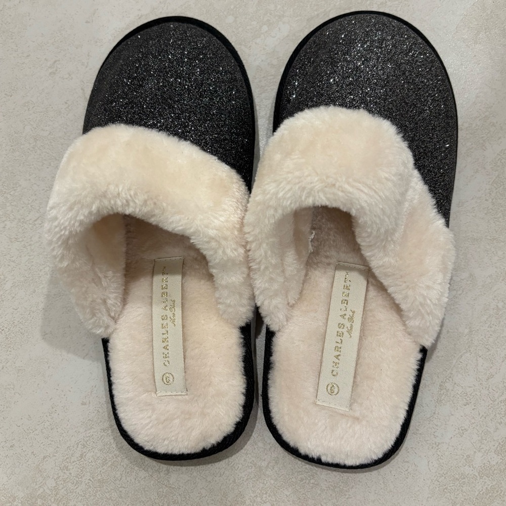 Charles Albert Glittery Black and Soft Cream Slippers